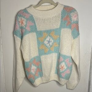 Vintage-Style Geometric Pattern Knit Sweater in Cream and Pastel